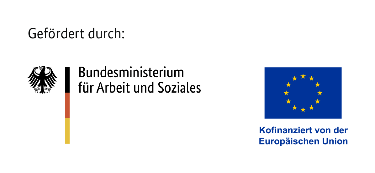 Logo des Bundesministeriums für Arbeit und Soziales (BMAS) mit Bundesadler und deutscher Flagge neben dem EU-Emblem mit den gelben Sternen auf blauem Grund und dem Text „Kofinanziert von der Europäischen Union“